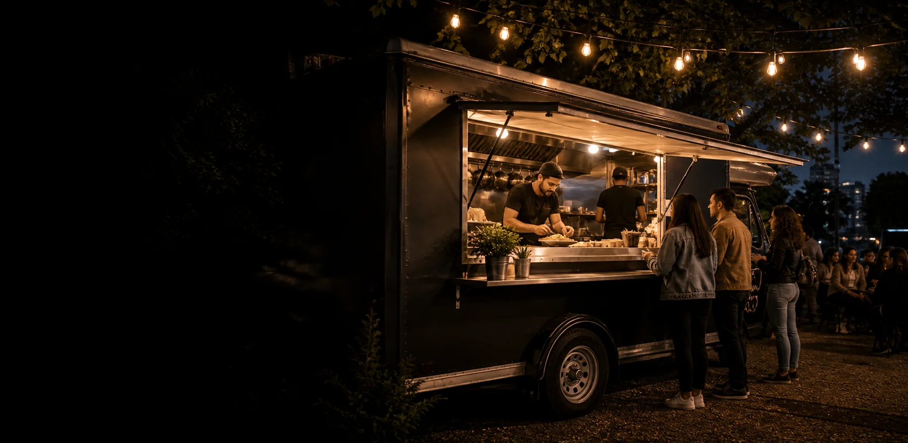 A mobile food truck serving customers at night
